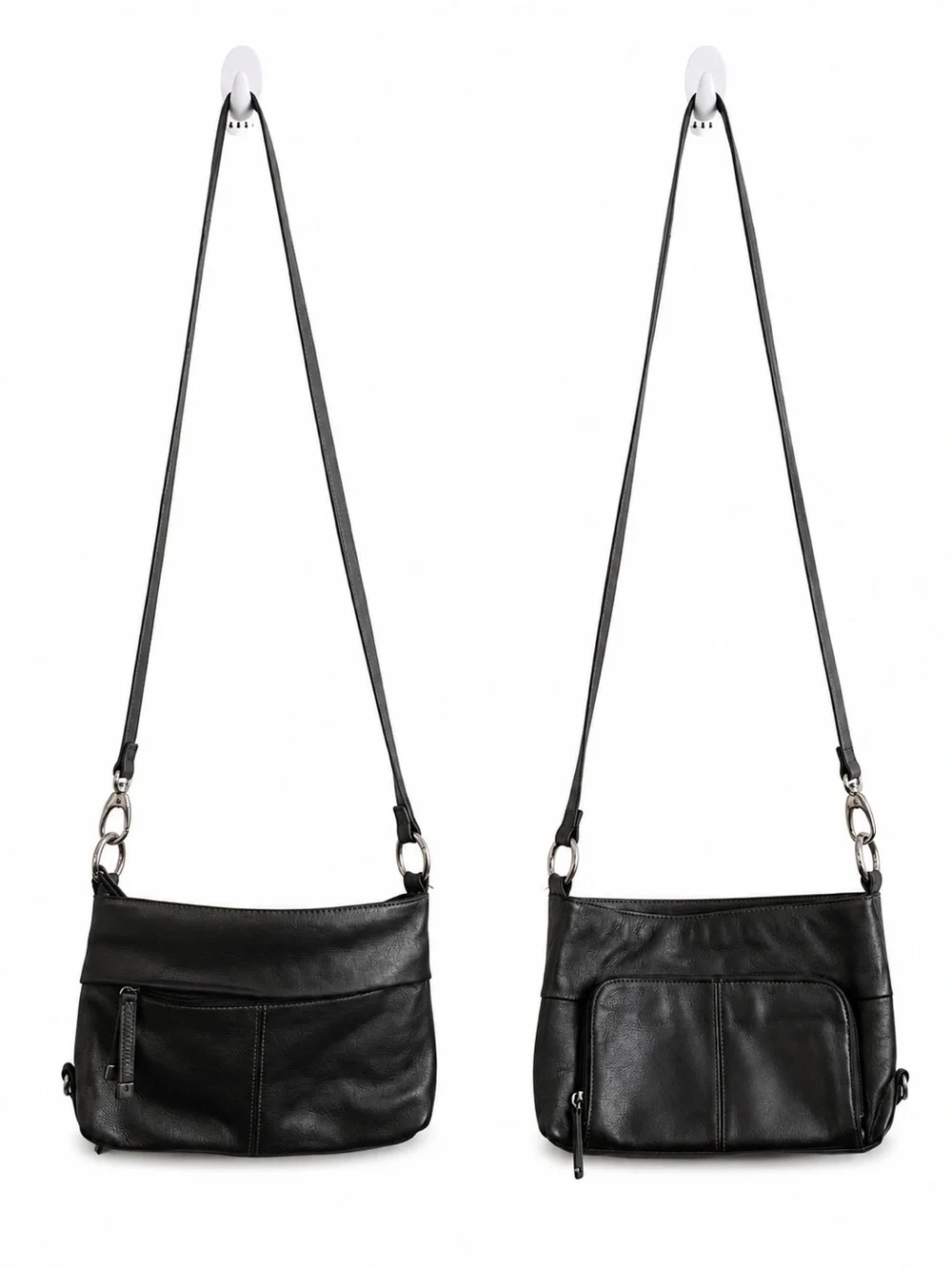 Tignanello Black Leather Crossbody with Front Zip Pocket